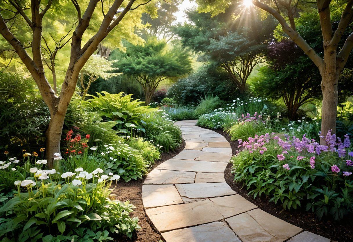 A serene, uplifting landscape featuring a winding path through a lush garden, symbolizing the journey of healing. Alongside, diverse individuals of different ages and backgrounds support each other, showcasing unity and encouragement. Gentle sunlight filters through the trees, creating a warm and hopeful atmosphere. Include elements like blooming flowers and butterflies to represent transformation and growth. soft-focus, ethereal, vibrant colors.
