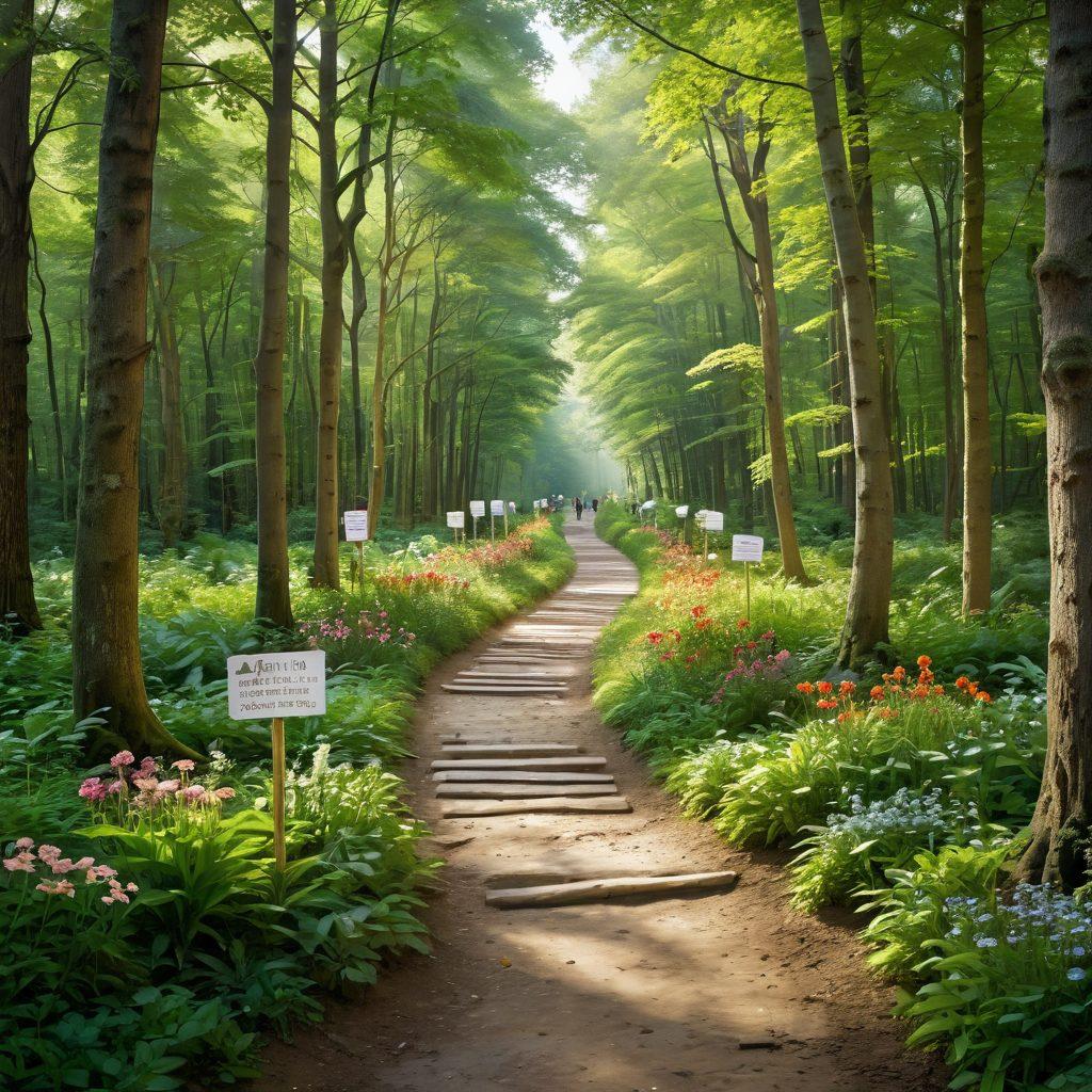 A serene pathway through a lush green forest symbolizing a journey, with light filtering through the trees representing hope. Include a diverse group of people gathered together, engaged in conversation, holding supportive signs and sharing knowledge with each other. Bright flowers along the path add a touch of vibrancy, reflecting resilience. super-realistic. vibrant colors. soft focus.