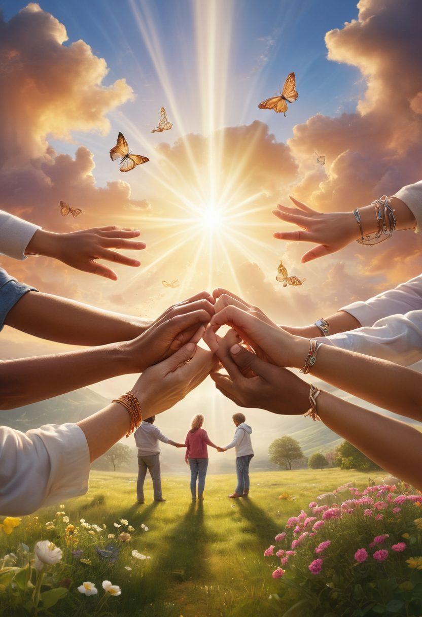 A diverse group of resilient individuals of varying ages and backgrounds, confidently embracing life after diagnosis, surrounded by symbols of hope and empowerment such as ribbons and supportive hands. In the background, a serene landscape representing growth and healing, with sun rays breaking through clouds. The scene captures warmth, unity, and strength. super-realistic. vibrant colors. uplifting atmosphere.
